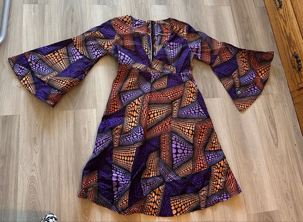 Handmade African Ankara Wax Print V-Neck Bell Sleeve Fit & Flare Dress Orange